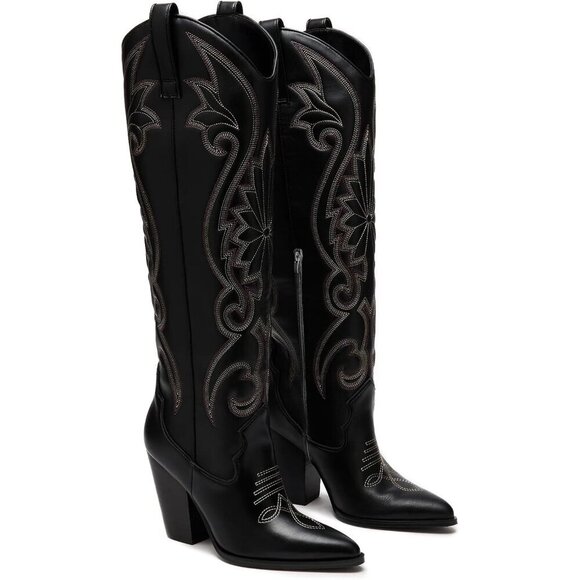 🆕Women Black Knee High Pointed Toe Chunky High Heels Pull-on Embroidered Boots - Picture 2 of 7